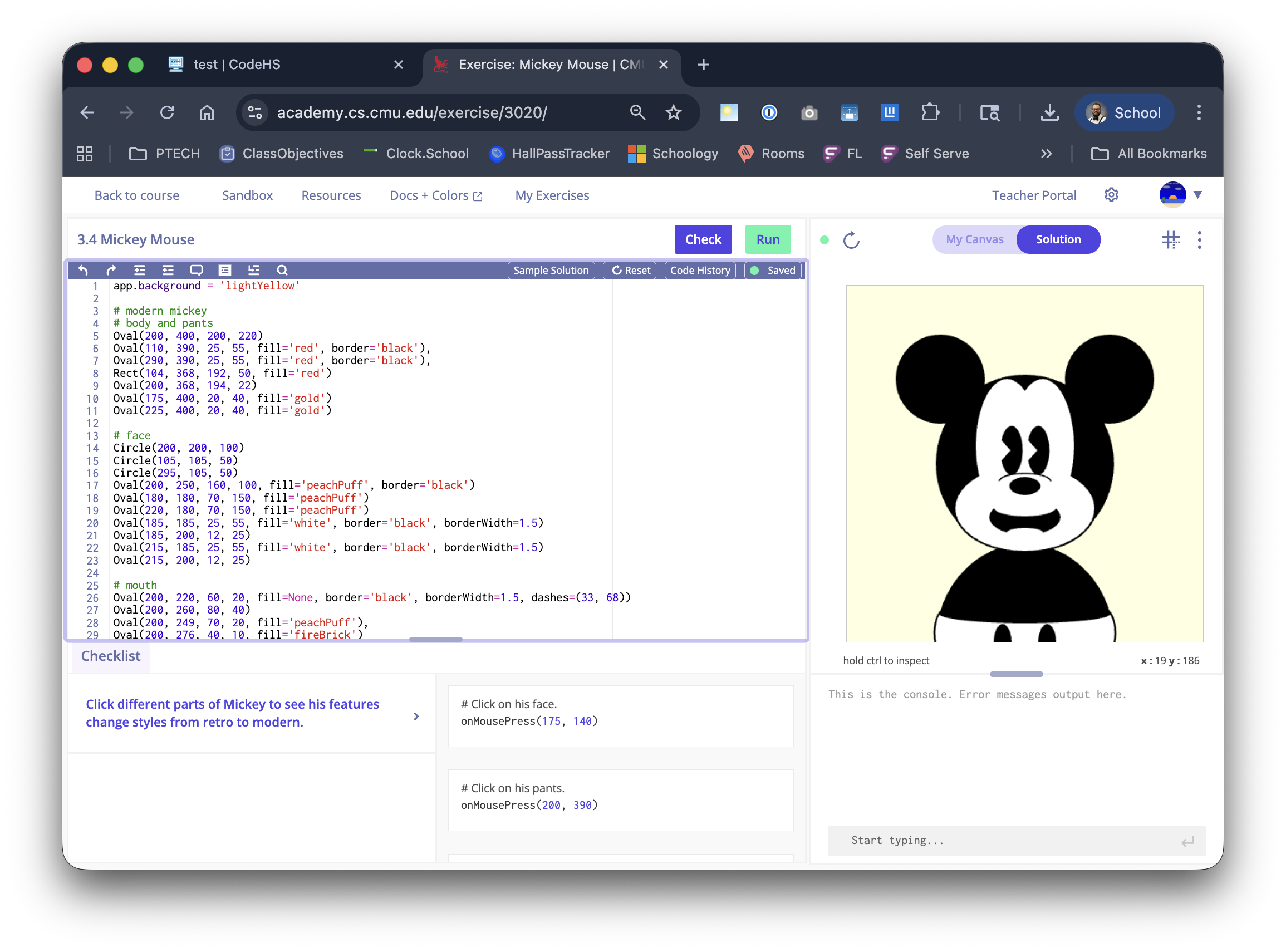 CMU CS Academy IDE showing the Mickey Mouse project