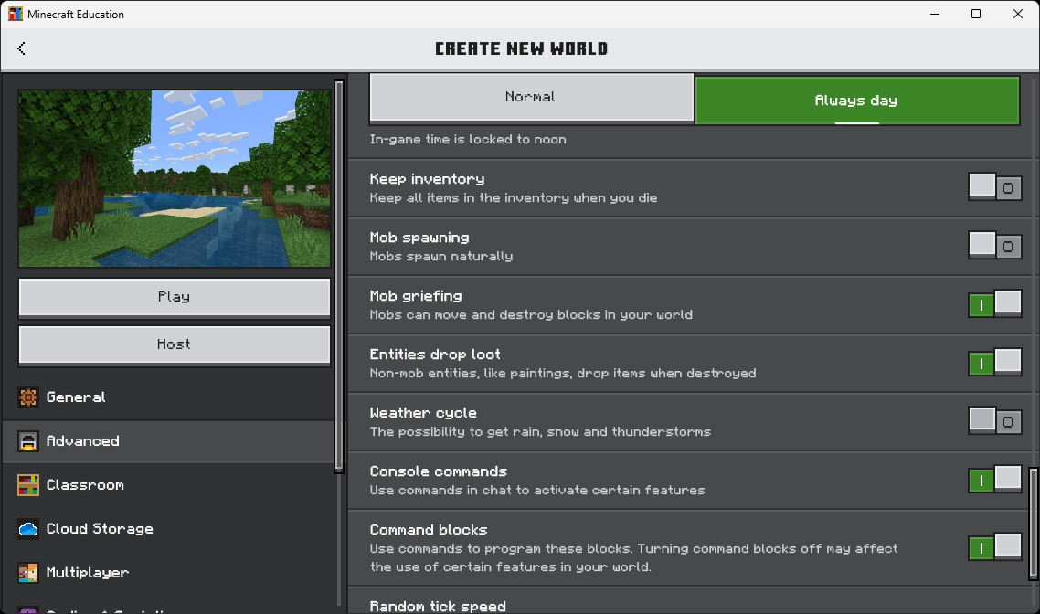 Advanced settings showing Always day selected at the top and Mob spawning toggle off