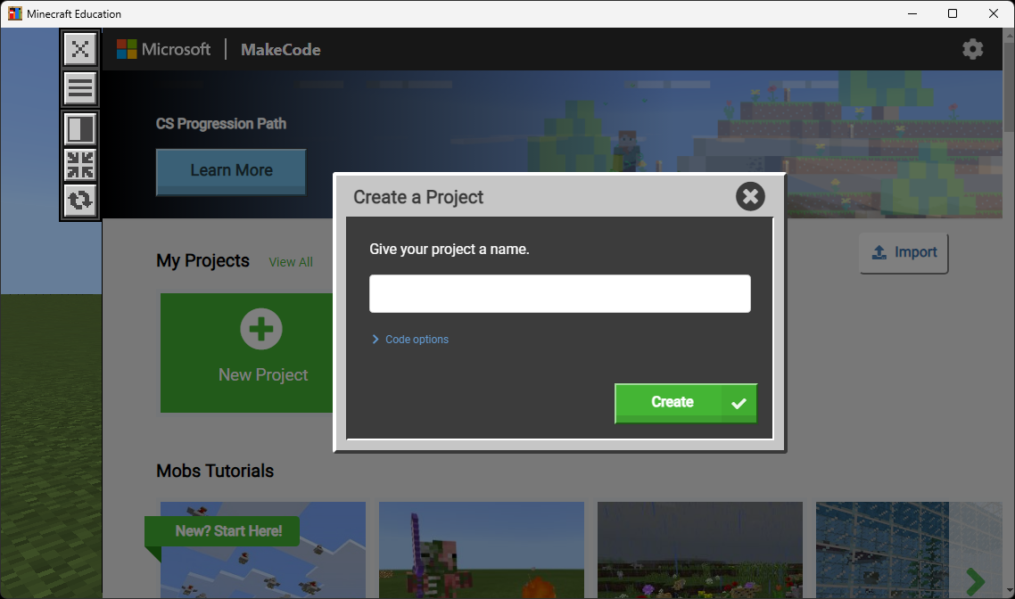 MakeCode Create a Project dialog with blank name field
