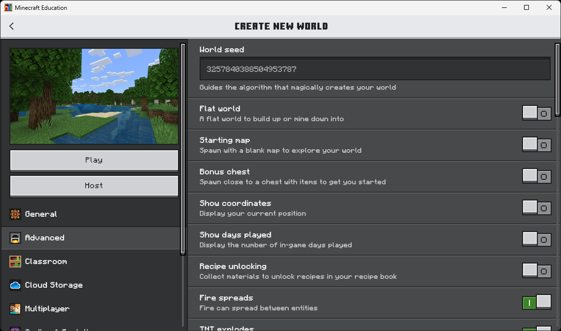 Create New World screen, Advanced tab, before turning on Flat world