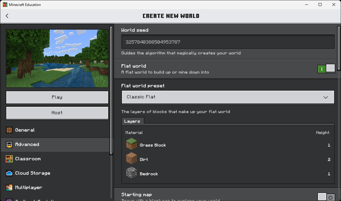Advanced tab with Flat world toggled on and Classic Flat preset showing Grass, Dirt, Bedrock layers