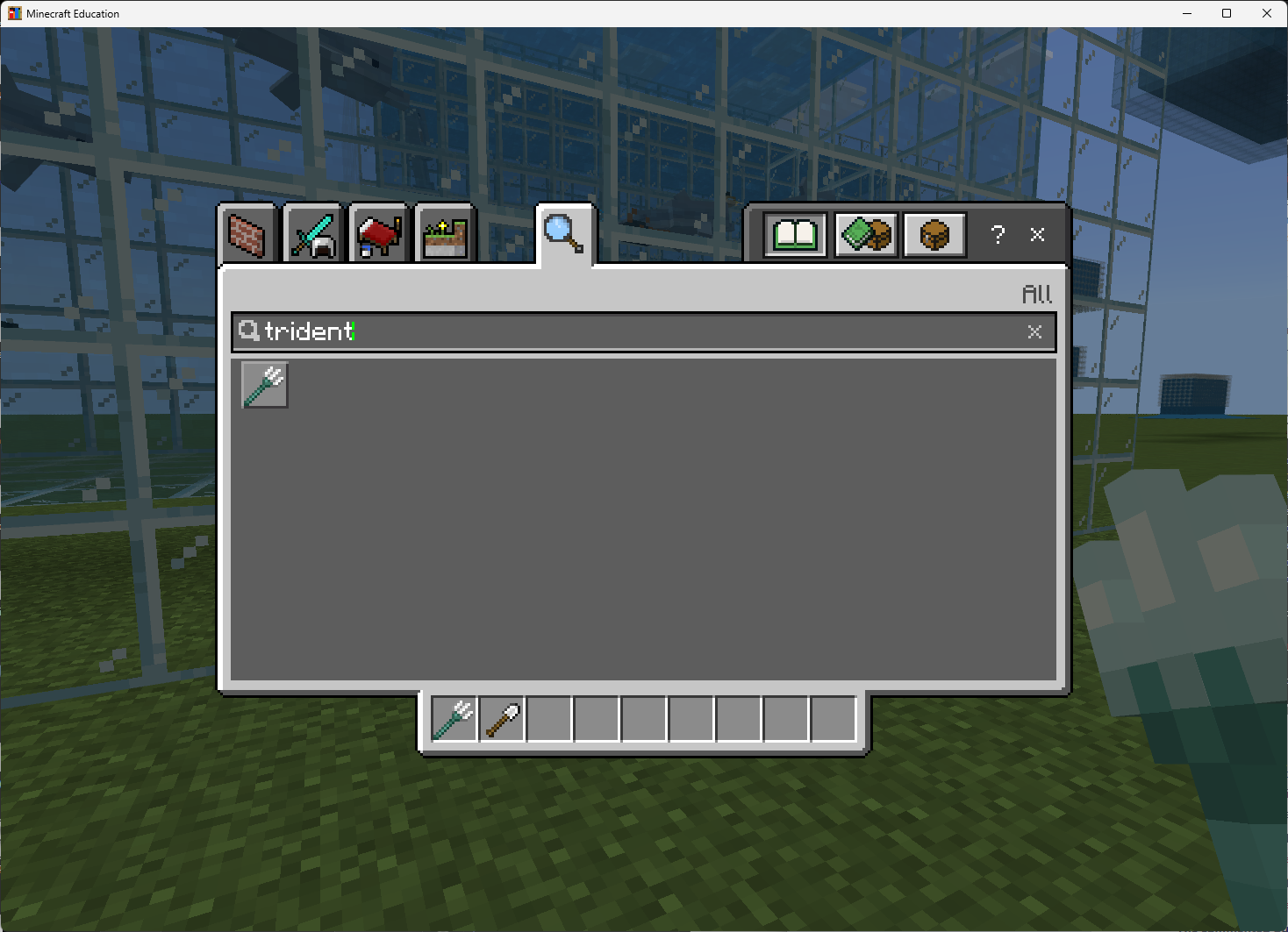 Minecraft inventory open with the search box showing 'trident' and the trident item displayed below