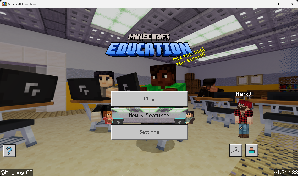 Minecraft Education main menu with Play and Settings buttons