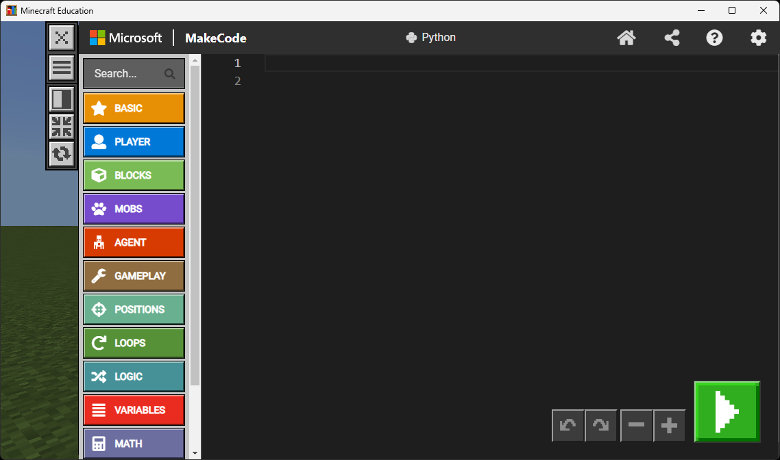 MakeCode Python editor with category buttons on the left and an empty code area on the right