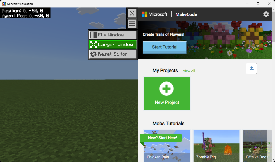 MakeCode home screen with tutorial chooser and New Project button