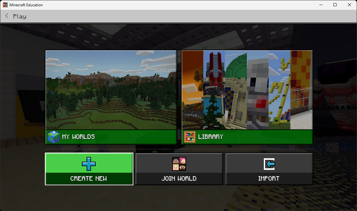 My Worlds screen with Create New, Join World, and Import buttons
